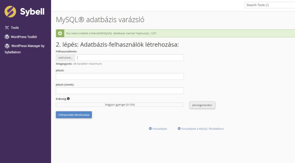 11 mysql felhasznalo neve es jelszava megadasa cpanel