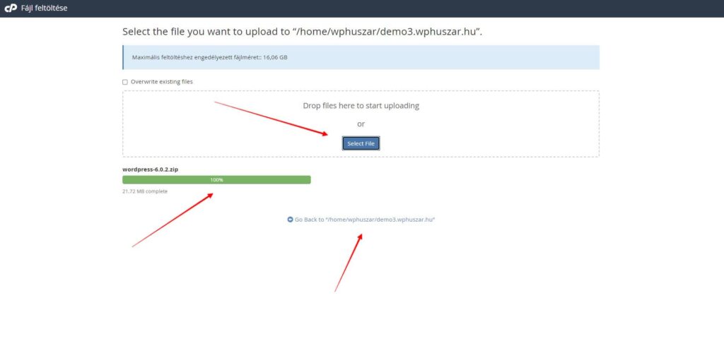 16 file feltoltesenek szakaszai cpanelben