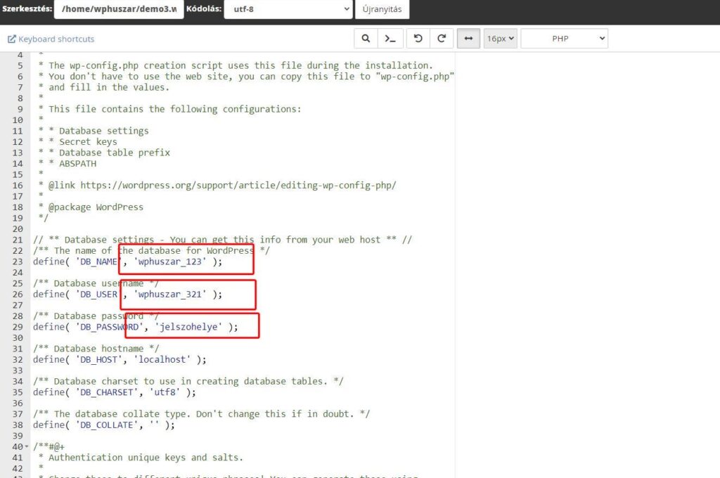 19 config file szerkesztese wordpress adatbazis adatokkal