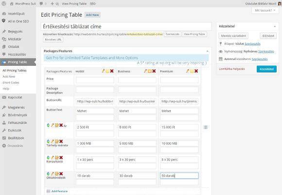 Értékesítési táblázat bővítmény